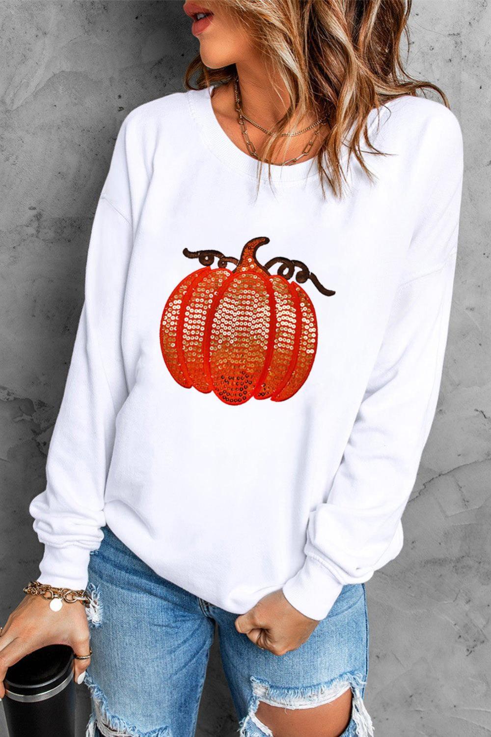 Women White Sequin Pumpkin Patched Casual Pullover Graphic Sweatshirt | Sweatshirts