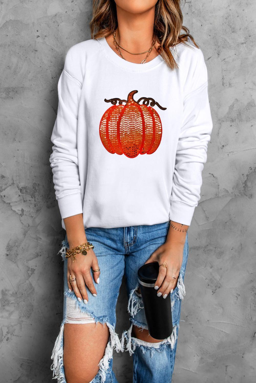 Women White Sequin Pumpkin Patched Casual Pullover Graphic Sweatshirt | Sweatshirts