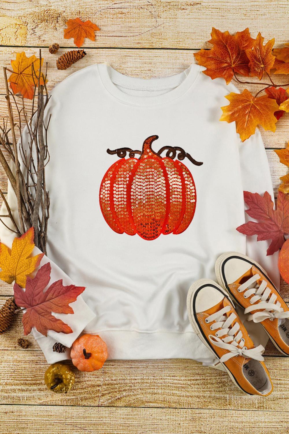 Women White Sequin Pumpkin Patched Casual Pullover Graphic Sweatshirt | Sweatshirts