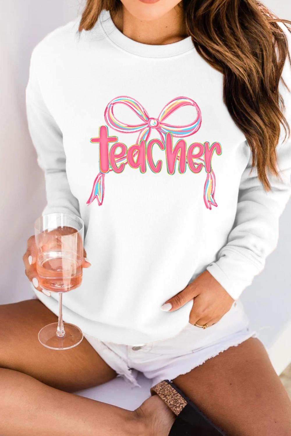 Women White Teacher Bow Graphic Pullover Sweatshirt | Sweatshirts
