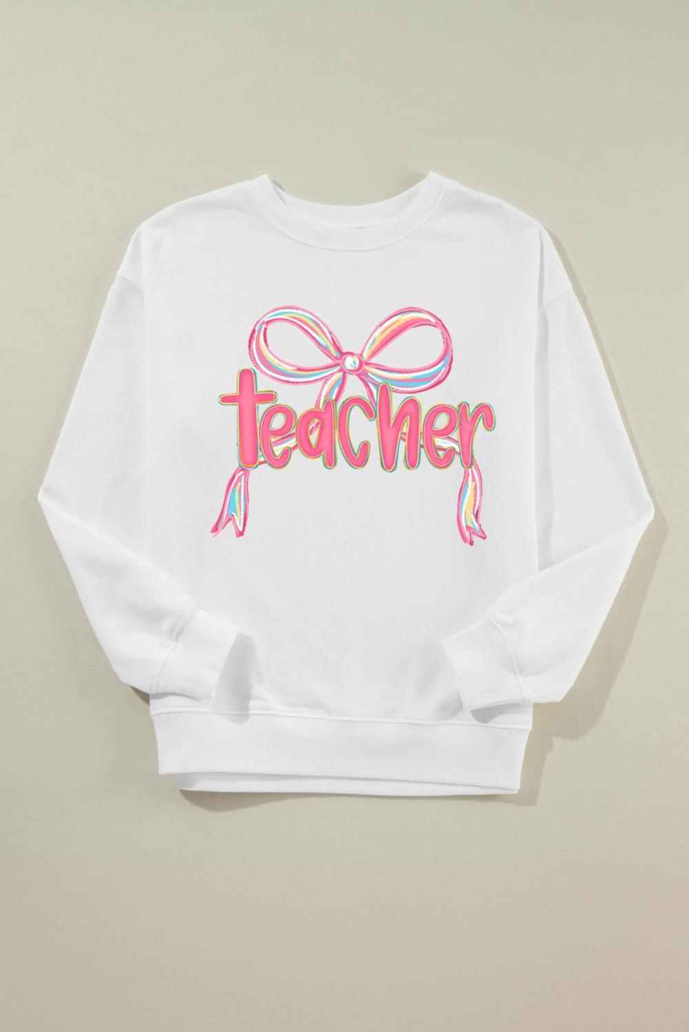 Women White Teacher Bow Graphic Pullover Sweatshirt | Sweatshirts