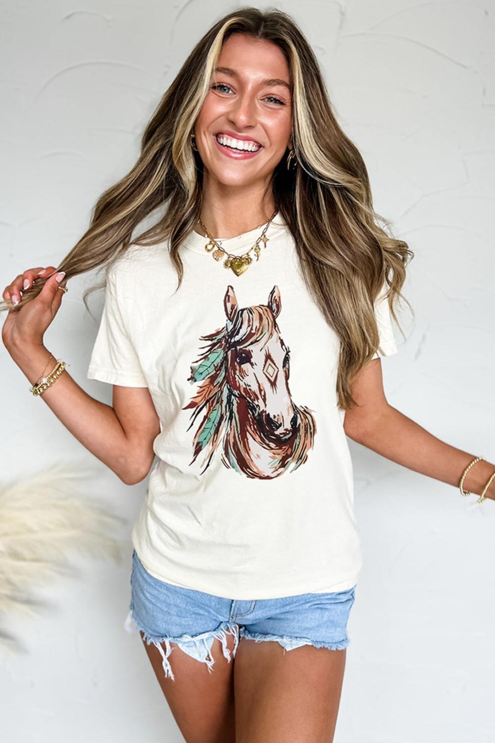 Women White Western Aztec Horse Graphic Tee | Tees & Tanks