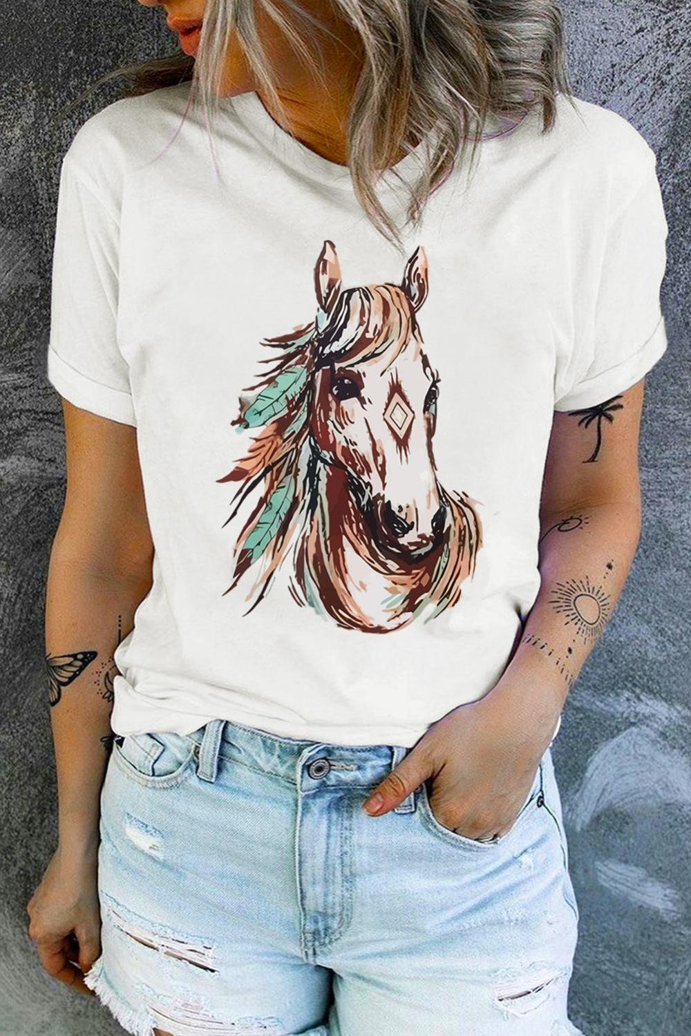 Women White Western Aztec Horse Graphic Tee | Tees & Tanks