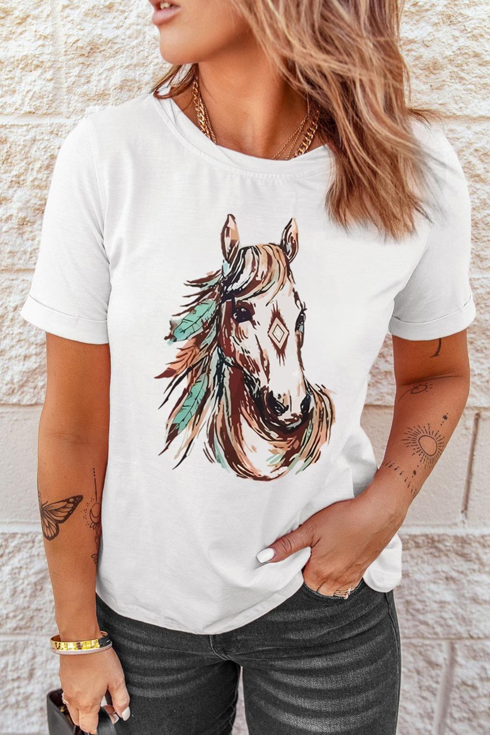 Women White Western Aztec Horse Graphic Tee | Tees & Tanks