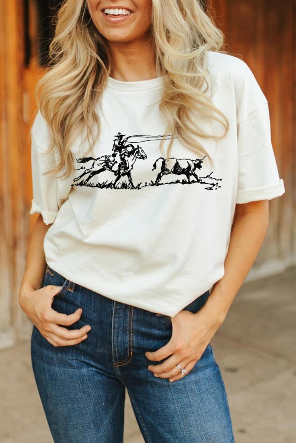 Women White Western Rodeo Graphic Casual T Shirt | Tees & Tanks