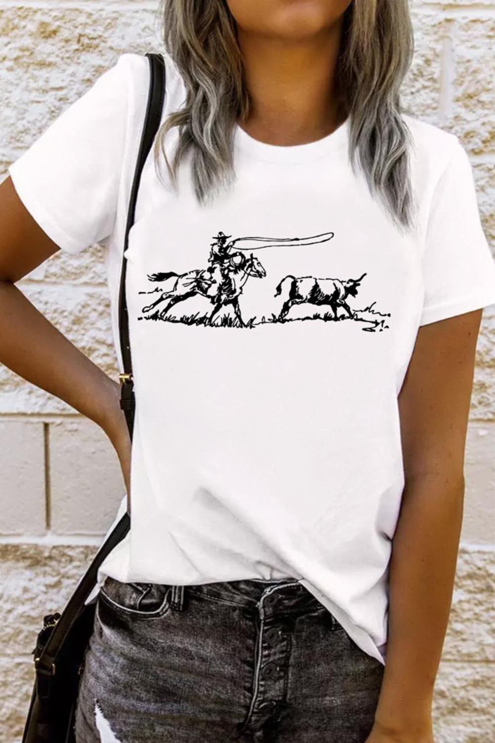 Women White Western Rodeo Graphic Casual T Shirt | Tees & Tanks