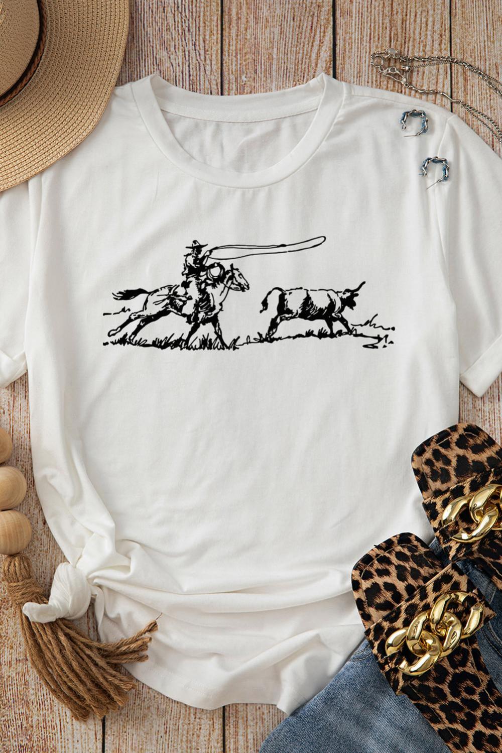 Women White Western Rodeo Graphic Casual T Shirt | Tees & Tanks